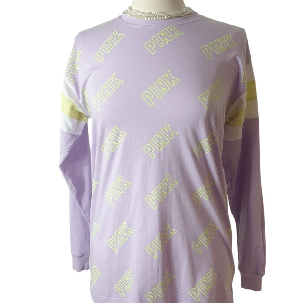 Victorias Secret Pink Long Sleeve Shirt XS Lavender Yellow Logo VSCO Coquette